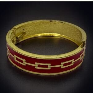 Vintage 1990s Red Enamel Gold Chain Link Hinged Bangle Bracelet Statement Cuff